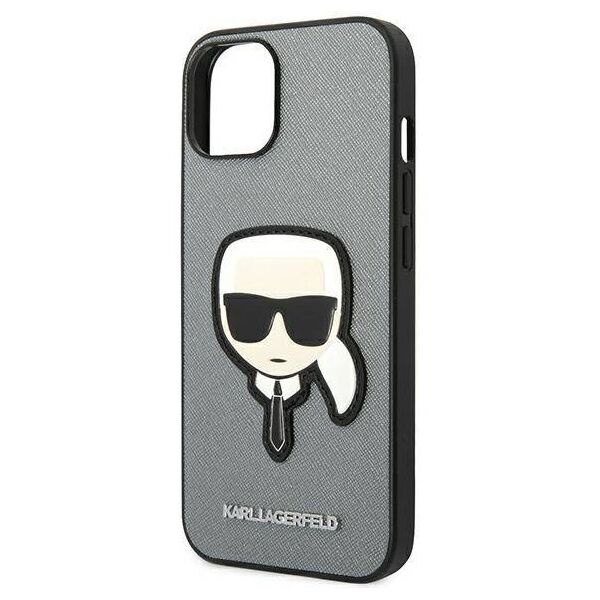 Original Case IPHONE 14 PLUS Karl Lagerfeld Hardcase Saffiano Karl`s Head Patch silver 3666339077082