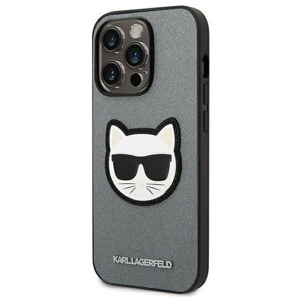 Original Case IPHONE 14 PRO MAX Karl Lagerfeld Hardcase Saffiano Choupette Head Patch silver 3666339077020