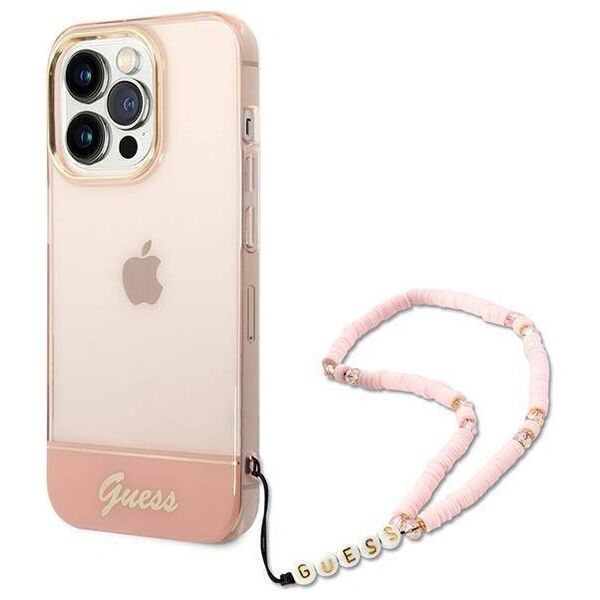Original Case IPHONE 14 PRO Guess Hardcase Translucent Pearl Strap pink 3666339064303