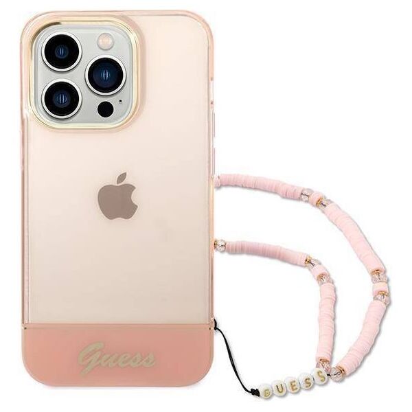 Original Case IPHONE 14 PRO Guess Hardcase Translucent Pearl Strap pink 3666339064303