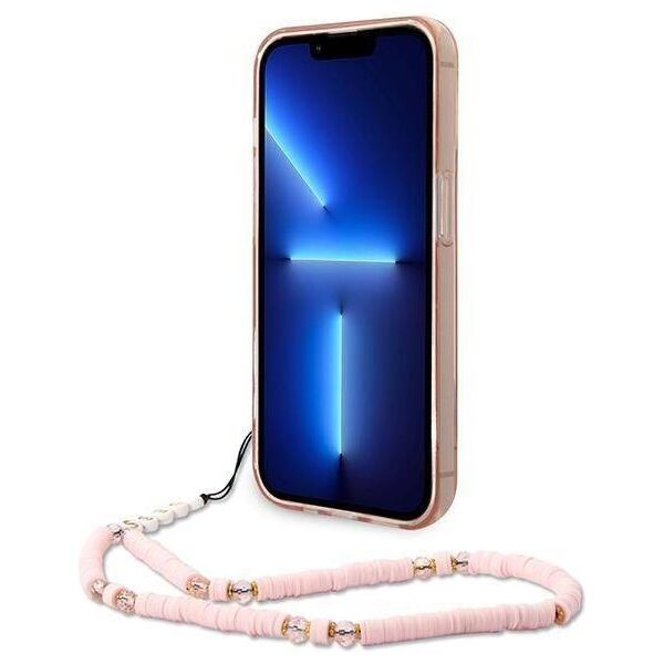 Original Case IPHONE 14 PRO Guess Hardcase Translucent Pearl Strap pink 3666339064303