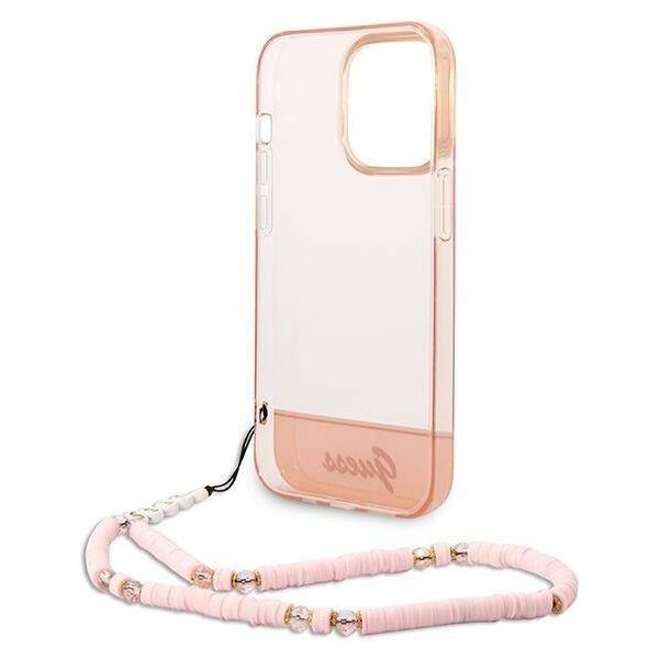 Original Case IPHONE 14 PRO Guess Hardcase Translucent Pearl Strap pink 3666339064303