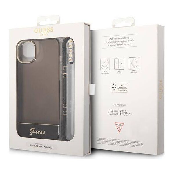 Original Case IPHONE 14 PLUS Guess Hardcase Translucent Pearl Strap black 3666339064174