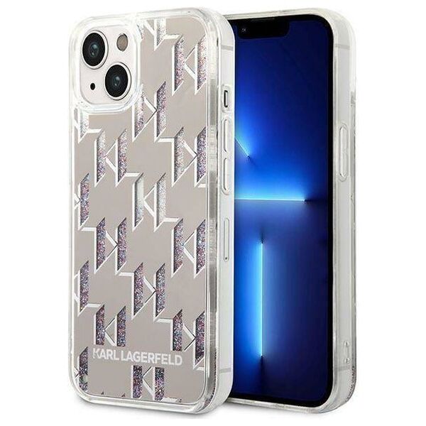 Original Case IPHONE 14 Karl Lagerfeld Hardcase Liquid Glitter Monogram silver 3666339076276