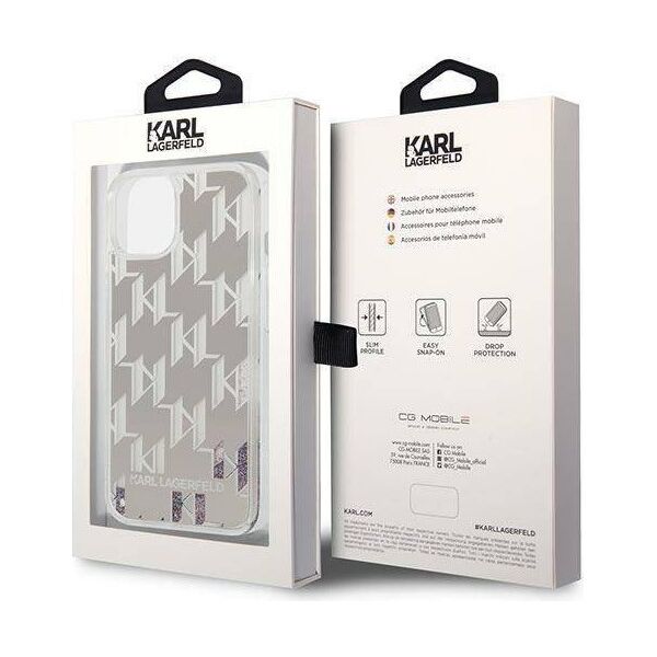 Original Case IPHONE 14 Karl Lagerfeld Hardcase Liquid Glitter Monogram silver 3666339076276