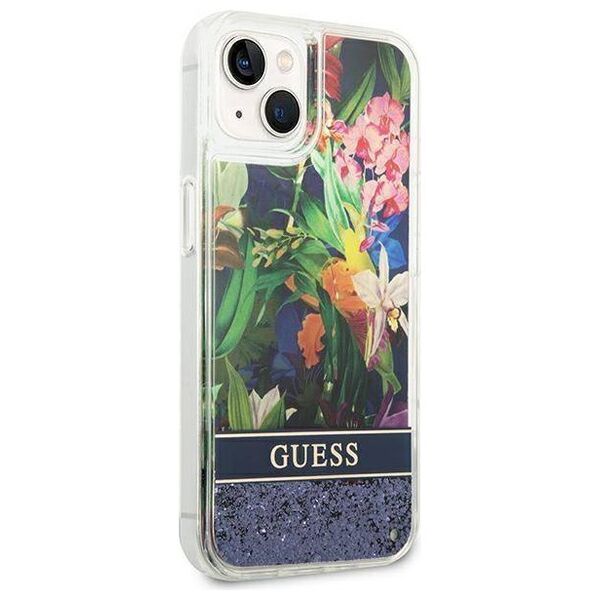 Case IPHONE 14 PLUS Guess Hardcase Flower Liquid Glitter blue 3666339066093
