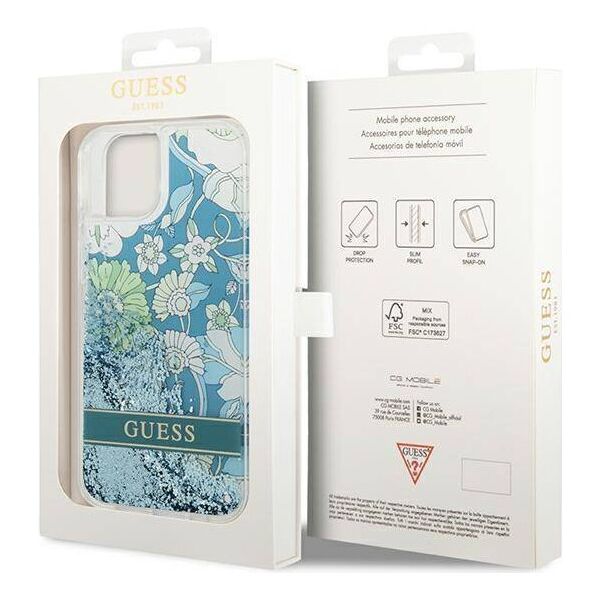 Case IPHONE 14 PLUS Guess Hardcase Flower Liquid Glitter green 3666339088439