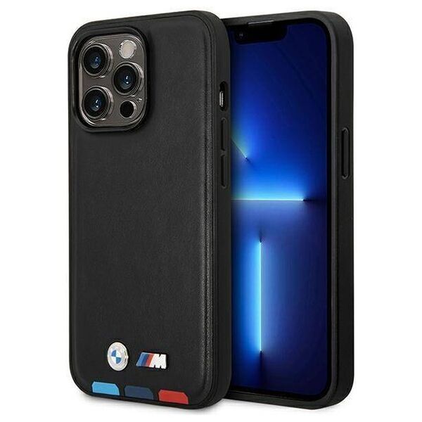 Original Case IPHONE 14 PRO BMW Leather Stamp Tricolor MagSafe (BMHMP14L22PTDK) black 3666339089320