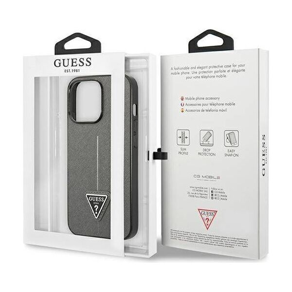 Original Case IPHONE 14 PRO Guess Hardcase Saffianotriangle Logo (GUHCP14LPSATLG) silver 3666339065461