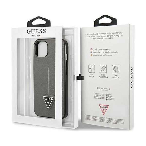 Original Case IPHONE 14 Guess Hardcase Saffianotriangle Logo (GUHCP14SPSATLG) silver 3666339065447