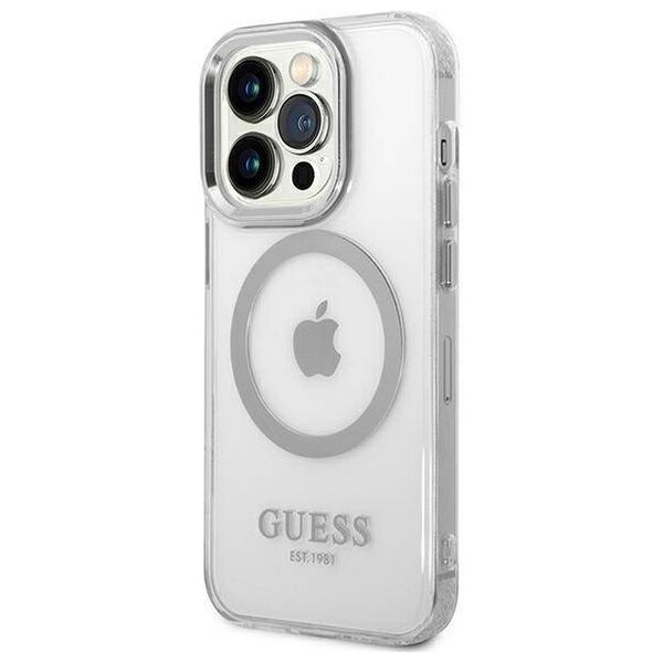 Original Case IPHONE 14 PRO Guess Hard Case Metal Outline Magsafe (GUHMP14LHTRMS) silver 3666339069841