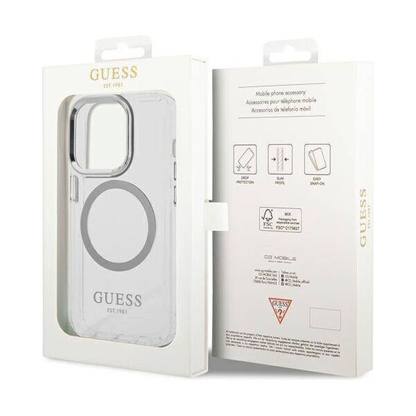 Original Case IPHONE 14 PRO Guess Hard Case Metal Outline Magsafe (GUHMP14LHTRMS) silver 3666339069841