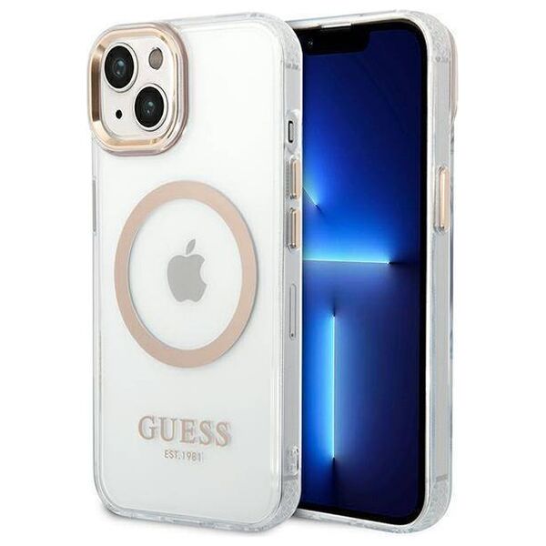 Original Case IPHONE 14 PLUS Guess Hard Case Metal Outline Magsafe (GUHMP14MHTRMD) gold 3666339069711