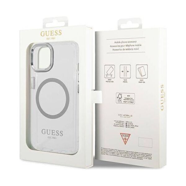 Original Case IPHONE 14 PLUS Guess Hard Case Metal Outline Magsafe (GUHMP14MHTRMS) silver 3666339069834