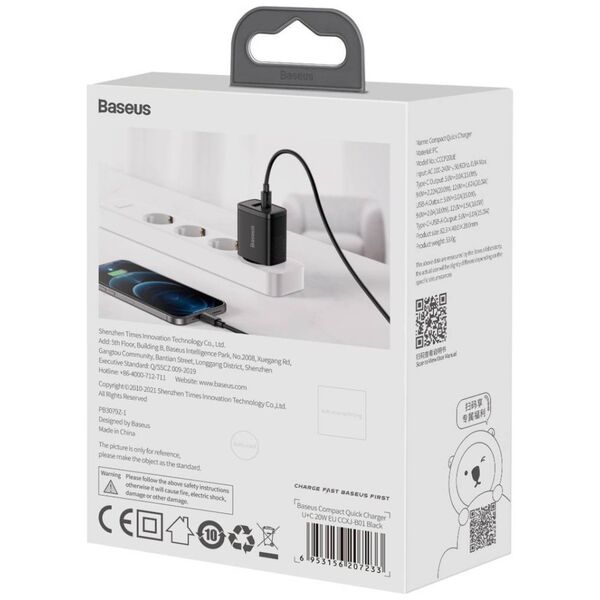 Baseus Compact Quick Charger, USB, USB-C, 20W (black) 6953156207233