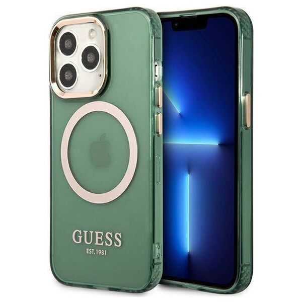 Original Case IPHONE 13 PRO Guess Hard Case Gold Outline Translucent MagSafe (GUHMP13LHTCMA) khaki 3666339057077