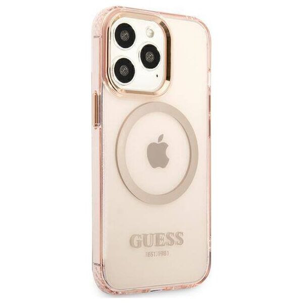 Original Case IPHONE 13 PRO Guess Hard Case Gold Outline Translucent MagSafe (GUHMP13LHTCMP) pink 3666339057114