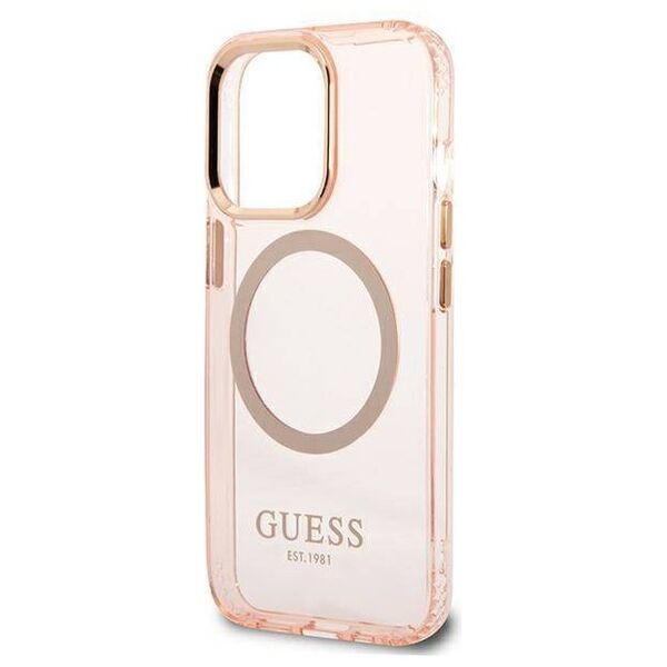 Original Case IPHONE 13 PRO Guess Hard Case Gold Outline Translucent MagSafe (GUHMP13LHTCMP) pink 3666339057114