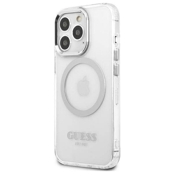 Original Case IPHONE 13 PRO Guess Hard Case Metal Outline Magsafe (GUHMP13LHTRMS) silver 3666339057275