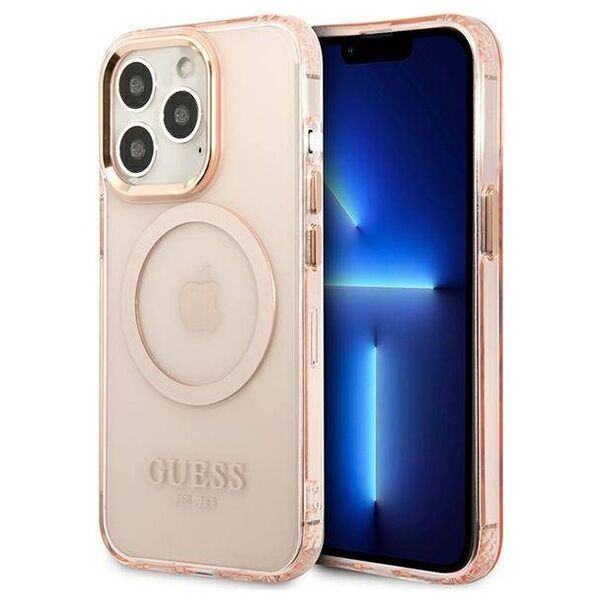 Original Case IPHONE 13 PRO MAX Guess Hard Case Gold Outline Translucent MagSafe (GUHMP13XHTCMP) pink 3666339057121