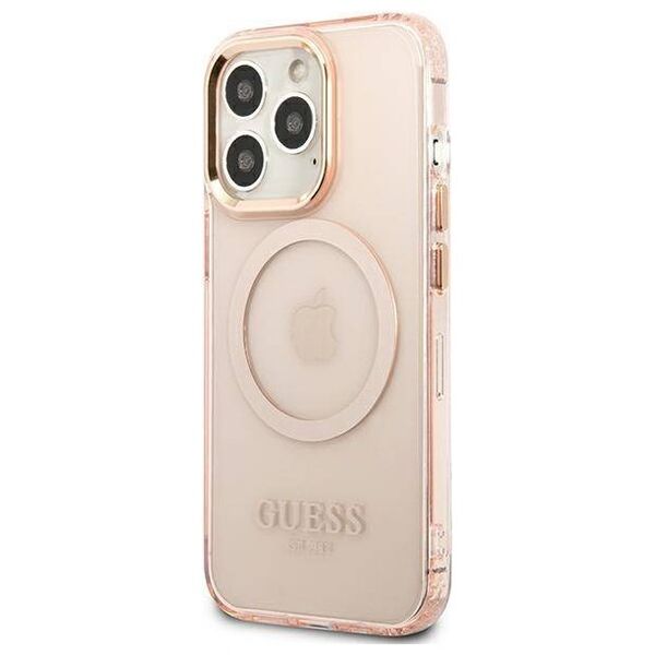 Original Case IPHONE 13 PRO MAX Guess Hard Case Gold Outline Translucent MagSafe (GUHMP13XHTCMP) pink 3666339057121