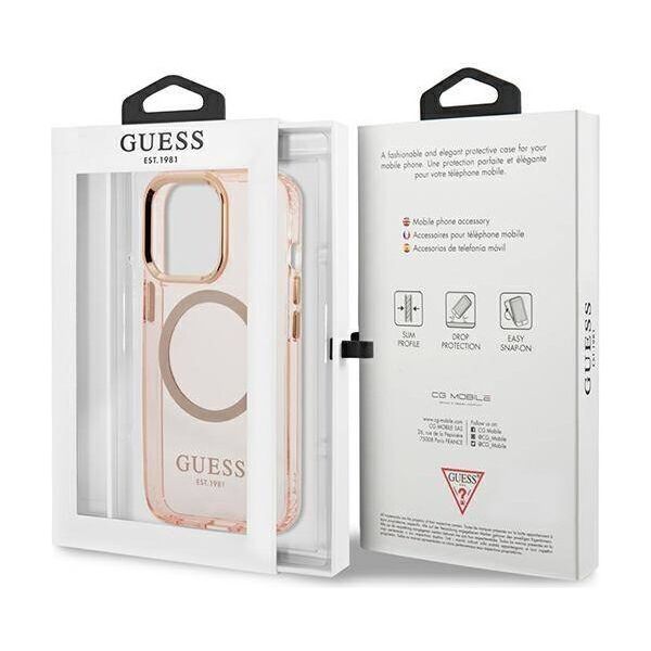 Original Case IPHONE 13 PRO MAX Guess Hard Case Gold Outline Translucent MagSafe (GUHMP13XHTCMP) pink 3666339057121