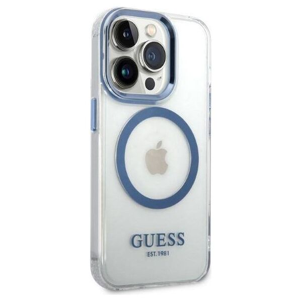Original Case IPHONE 14 PRO Guess Hard Case Metal Outline Magsafe (GUHMP14LHTRMB) blue 3666339069803