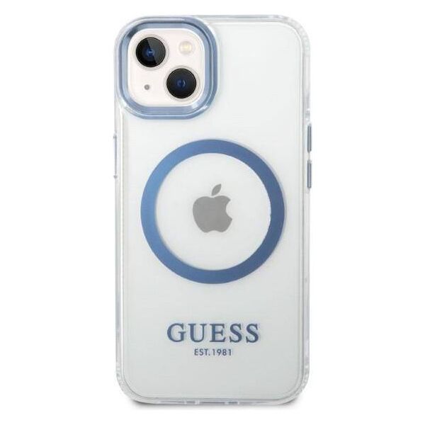 Original Case IPHONE 14 PLUS Guess Hard Case Metal Outline Magsafe (GUHMP14MHTRMB) blue 3666339069797