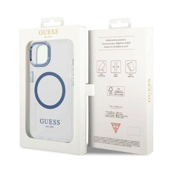 Original Case IPHONE 14 PLUS Guess Hard Case Metal Outline Magsafe (GUHMP14MHTRMB) blue 3666339069797