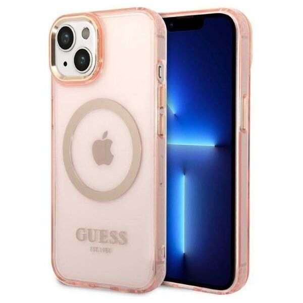 Original Case IPHONE 14 Guess Hard Case Gold Outline Translucent MagSafe (GUHMP14SHTCMP) pink 3666339069667