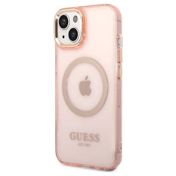Original Case IPHONE 14 Guess Hard Case Gold Outline Translucent MagSafe (GUHMP14SHTCMP) pink 3666339069667