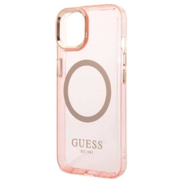 Original Case IPHONE 14 Guess Hard Case Gold Outline Translucent MagSafe (GUHMP14SHTCMP) pink 3666339069667