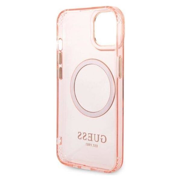 Original Case IPHONE 14 Guess Hard Case Gold Outline Translucent MagSafe (GUHMP14SHTCMP) pink 3666339069667