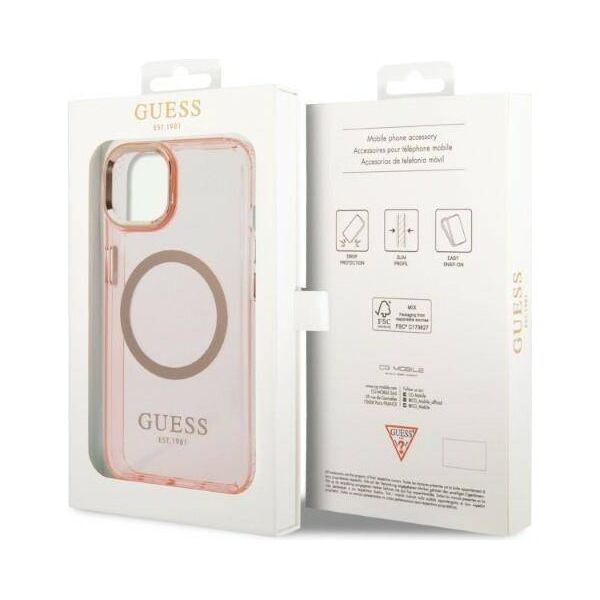 Original Case IPHONE 14 Guess Hard Case Gold Outline Translucent MagSafe (GUHMP14SHTCMP) pink 3666339069667
