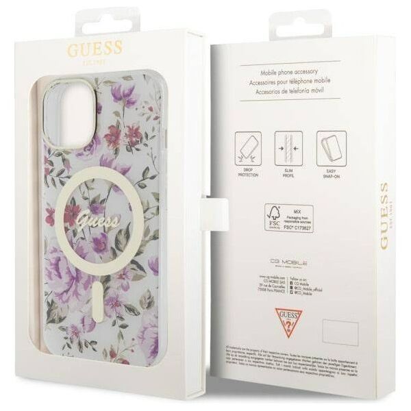 Original Case IPHONE 14 PLUS Guess Hardcase Flower MagSafe (GUHMP14MHCFWST) transparent 3666339115647