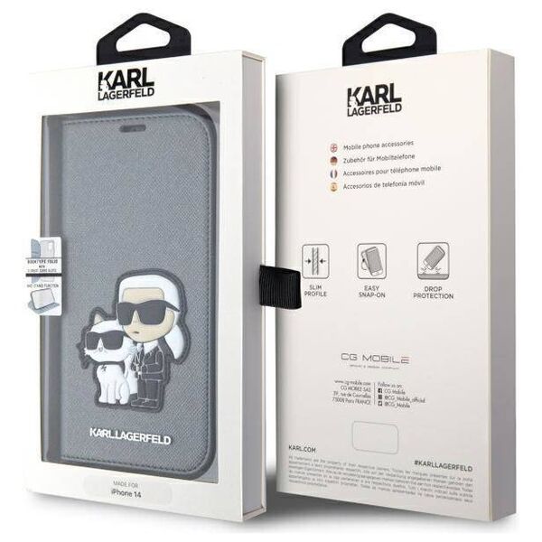 Original Case IPHONE 14 Karl Lagerfeld Bookcase Saffiano Karl & Choupette (KLBKP14SSANKCPG) silver 3666339122829