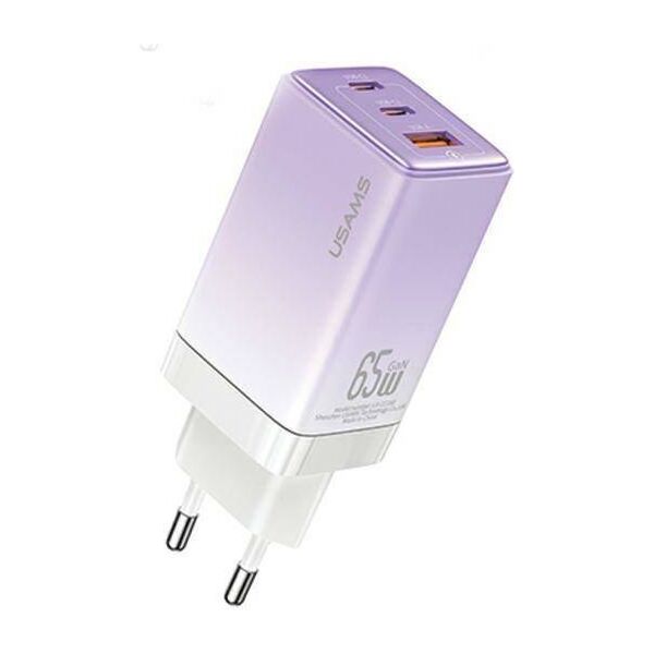 Wall Charger USAMS 2xUSB-C+1xUSB 65W (only head) GaN PD3.0 +QC3.0 Fast Charging gradient purple Sandru Series CC180TC03 (US-CC180) 6958444905181