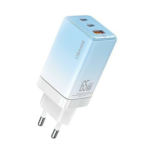 Wall Charger USAMS 2xUSB-C+1xUSB 65W (only head) GaN PD3.0 +QC3.0 Fast Charging gradient blue Sandru Series CC180TC04 (US-CC180) 6958444905198