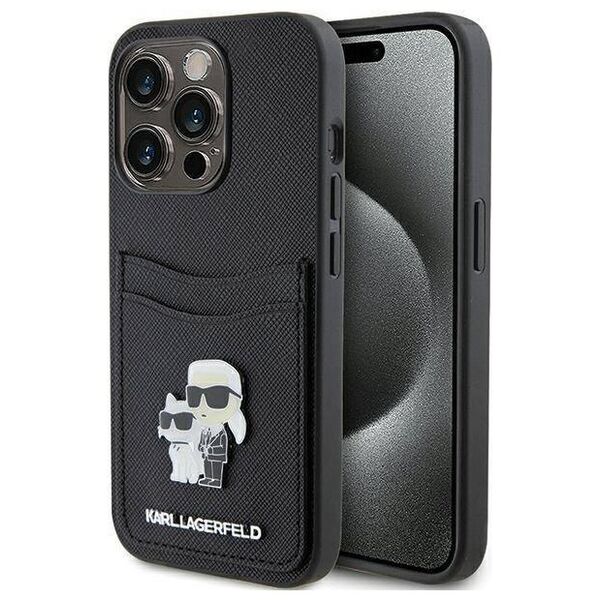Original Case APPLE IPHONE 15 PRO Karl Lagerfeld Hardcase Saffiano Cardslot Karl&Choupette Metal Pin (KLHCP15LSAPKCNPK) black 3666339165536