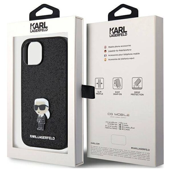 Original Case APPLE IPHONE 15 Karl Lagerfeld Hardcase Fixed Glitter Ikonik Logo Metal Pin (KLHCP15SGKNPSK) black 3666339165390
