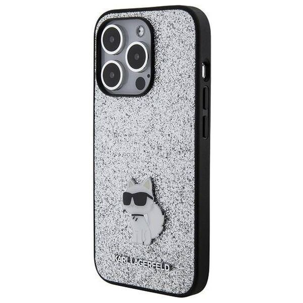 Original Case APPLE IPHONE 15 PRO MAX Karl Lagerfeld Hardcase Fixed Glitter Choupette Logo Metal Pin (KLHCP15XGCNPSG) silver 3666339165307