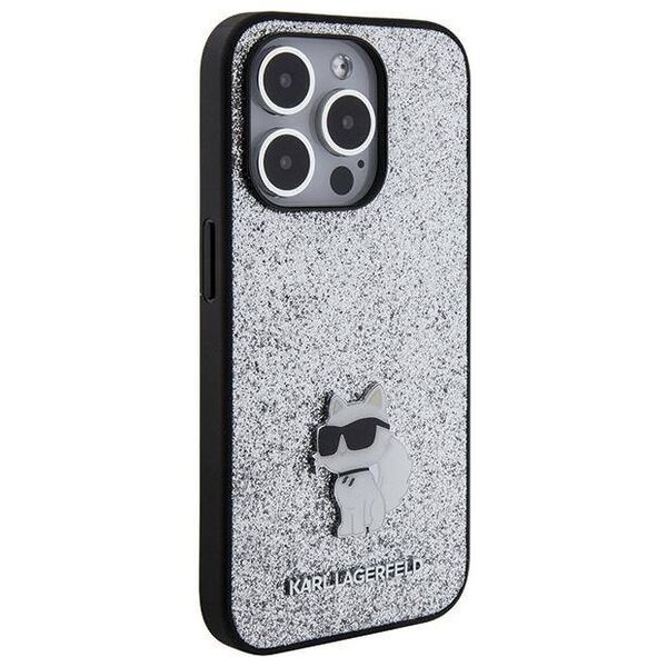 Original Case APPLE IPHONE 15 PRO MAX Karl Lagerfeld Hardcase Fixed Glitter Choupette Logo Metal Pin (KLHCP15XGCNPSG) silver 3666339165307