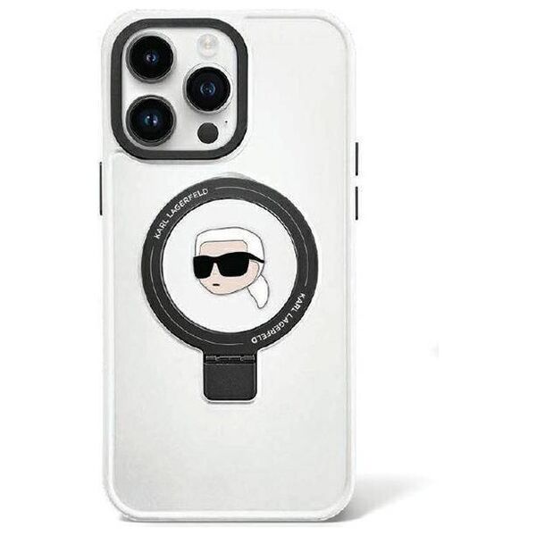 Original Case APPLE IPHONE 15 PRO Karl Lagerfeld Hardcase Ring Stand Karl Head MagSafe (KLHMP15LHMRSKHH) white 3666339168537