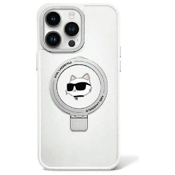 Original Case APPLE IPHONE 15 PRO MAX Karl Lagerfeld Hardcase Ring Stand Choupette Head MagSafe (KLHMP15XHMRSCHH) white 3666339168667