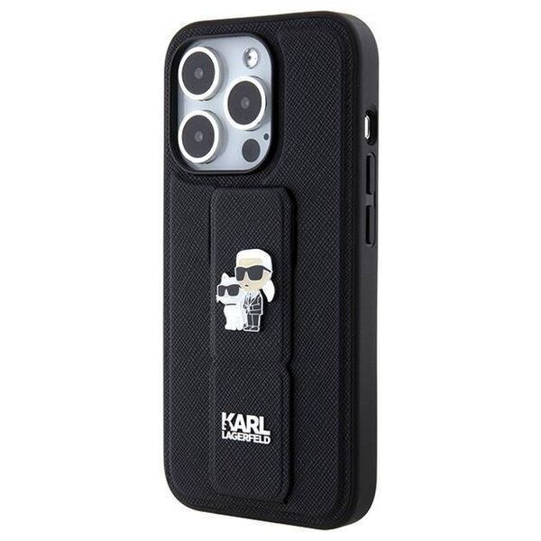 Original Case APPLE IPHONE 15 PRO MAX Karl Lagerfeld Hardcase Gripstand Saffiano Karl&Choupette Pins (KLHCP15XGSAKCPK) black 3666339206901