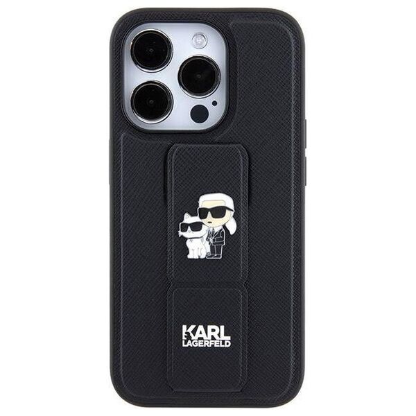 Original Case APPLE IPHONE 15 PRO MAX Karl Lagerfeld Hardcase Gripstand Saffiano Karl&Choupette Pins (KLHCP15XGSAKCPK) black 3666339206901