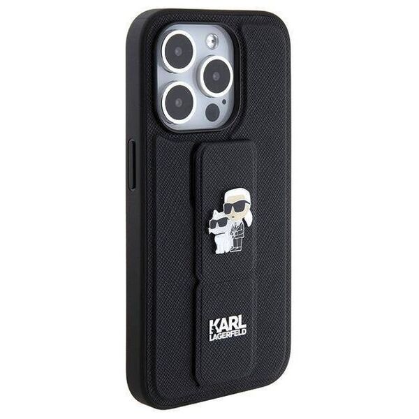 Original Case APPLE IPHONE 15 PRO MAX Karl Lagerfeld Hardcase Gripstand Saffiano Karl&Choupette Pins (KLHCP15XGSAKCPK) black 3666339206901