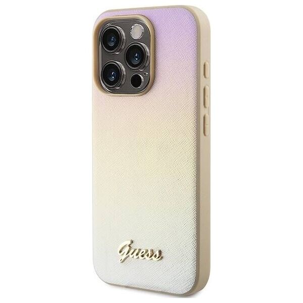 Original Case APPLE IPHONE 15 PRO Guess Hardcase Saffiano Iridescent Script (GUHCP15LPSAIRSD) gold 3666339225087