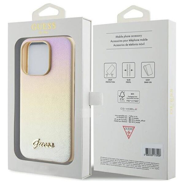 Original Case APPLE IPHONE 15 PRO Guess Hardcase Saffiano Iridescent Script (GUHCP15LPSAIRSD) gold 3666339225087
