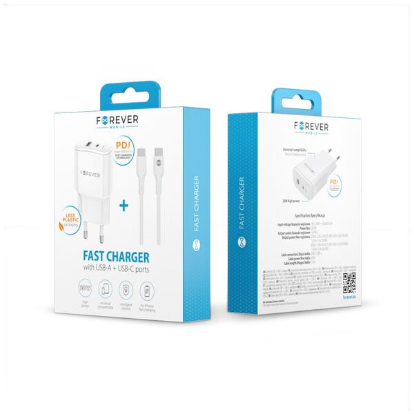 Forever TC-01-20AC PD QC charger 1x USB-C 1x USB 20W white + USB-C - USB-C cable 20W 5907457738560